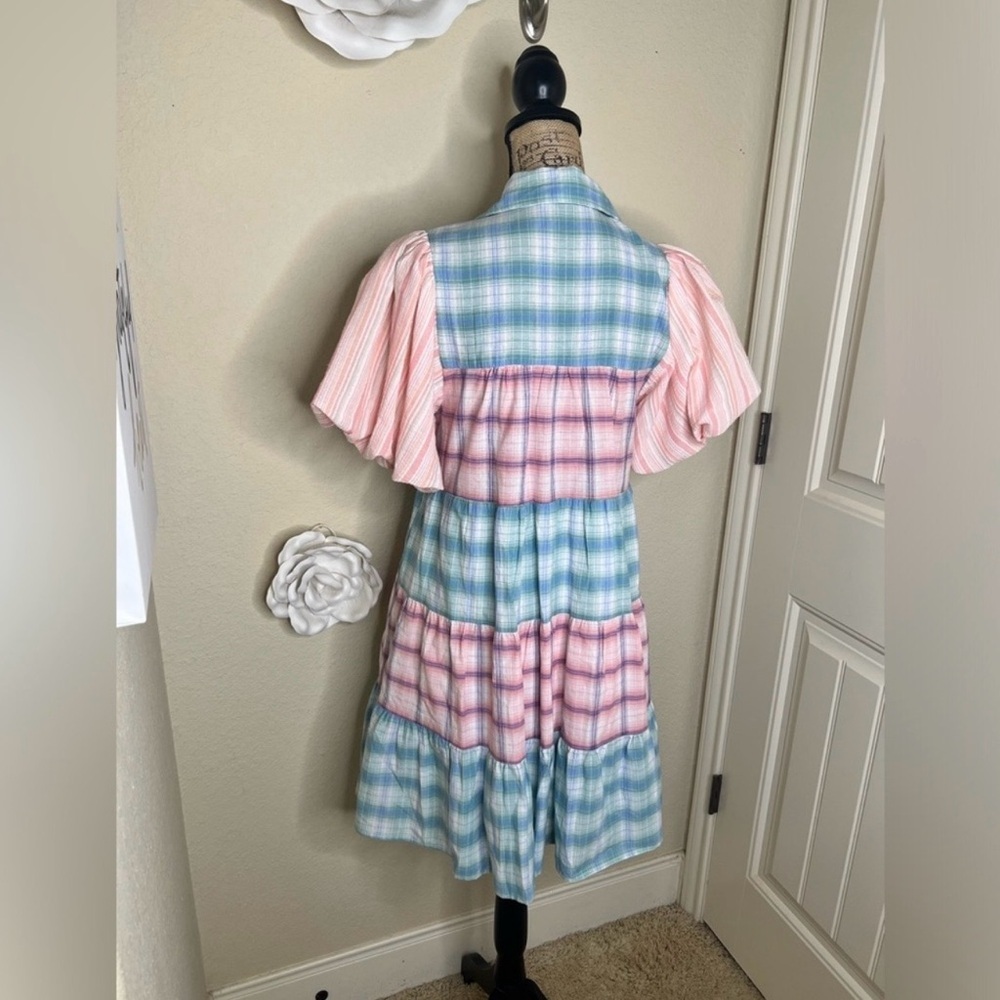 NTM: Entro Bubble Sleeve Blue, Green, Pink & White Plaid Lined Mini Dress Sz L - Picture 14 of 14
